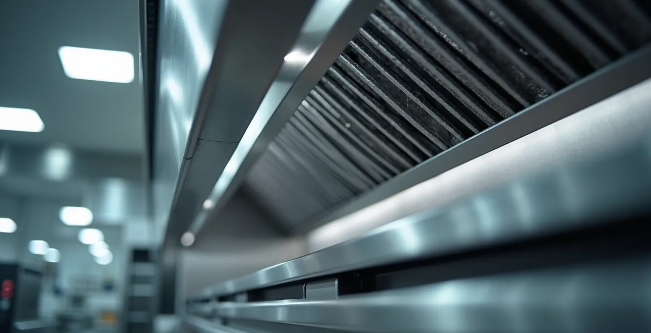 Vue technique d'un système d'extraction professionnel pour restaurant avec filtres et conduits