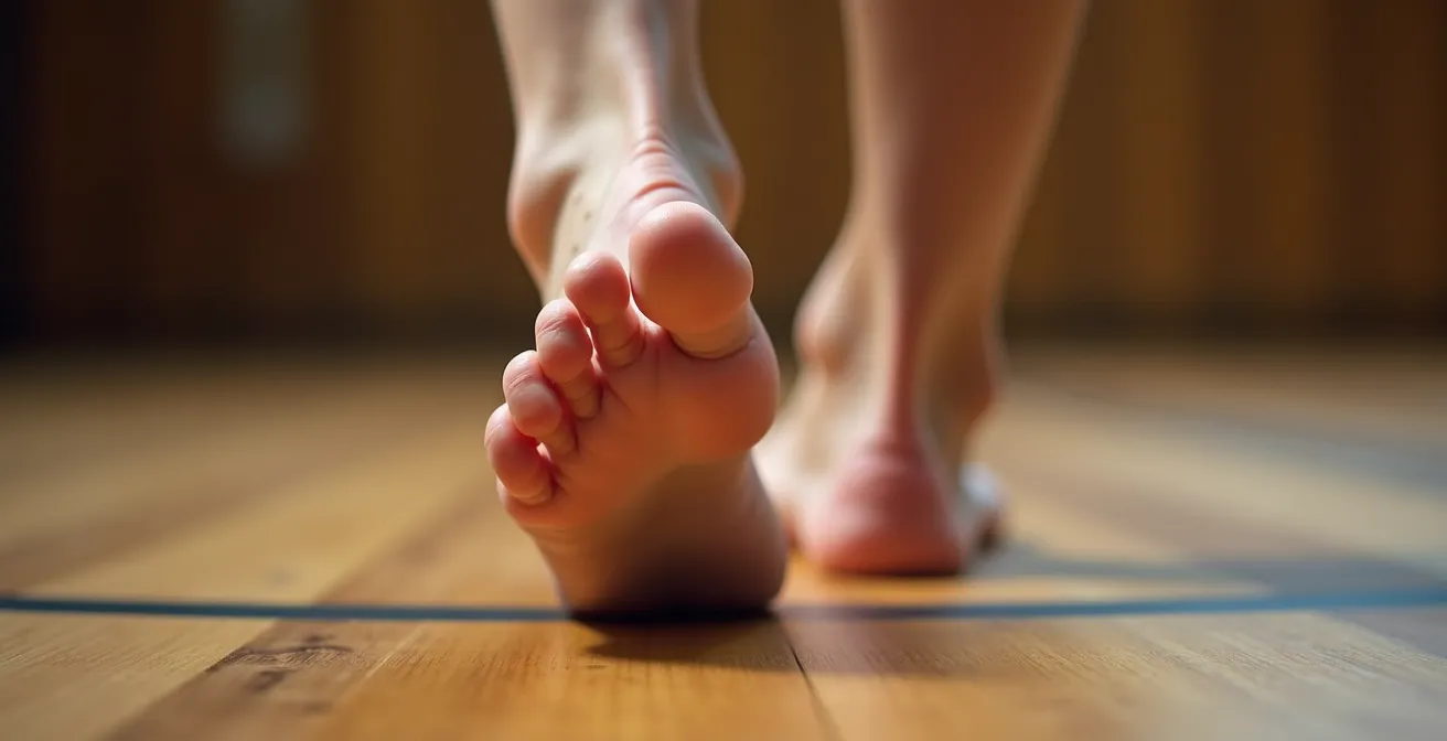 Gros plan sur un pied en position de trépied montrant les trois points d'appui pour le squat