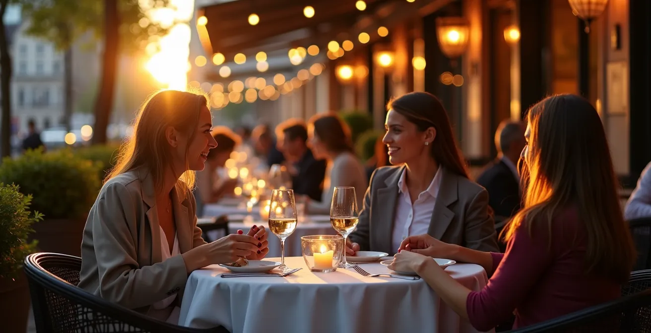 Terrasse de restaurant animée dans le quartier du Botanique à Bruxelles en début de soirée