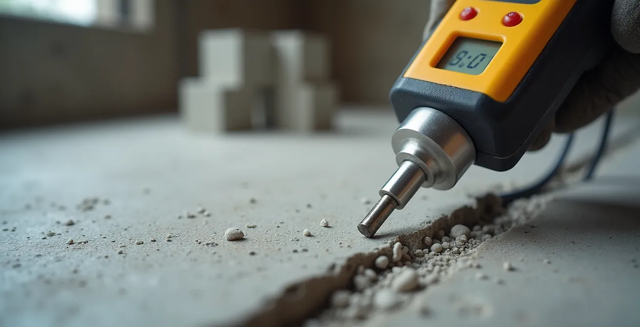 Gros plan sur un testeur d'humidité posé sur une chape en béton