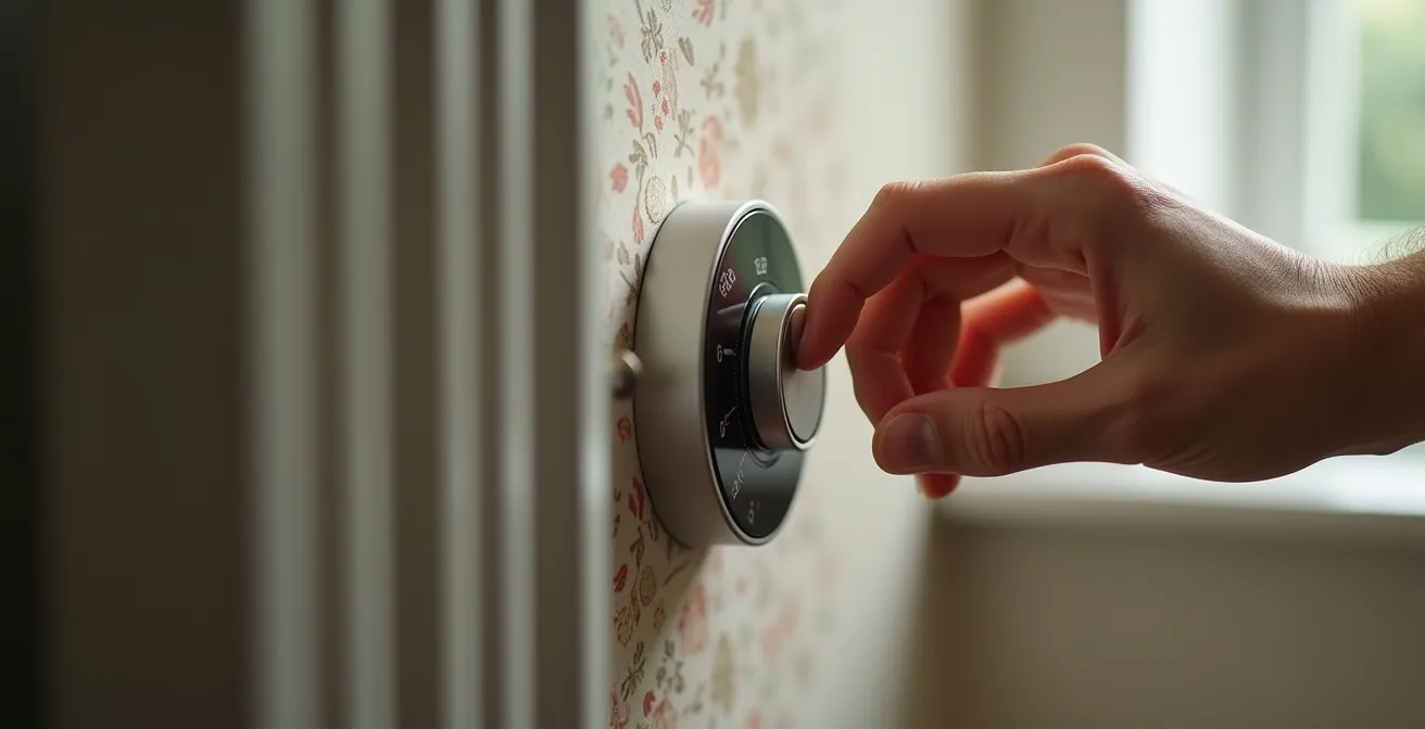 Gros plan macro sur main ajustant un thermostat moderne avec radiateur flou en arrière-plan