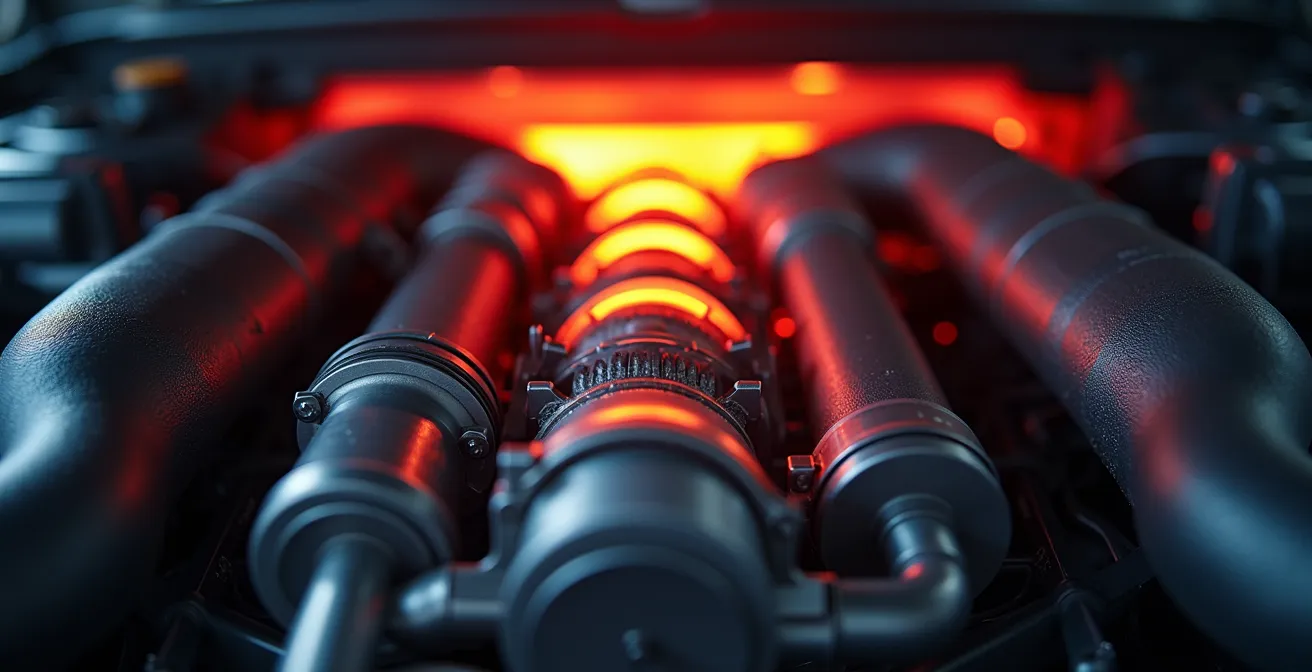 Vue thermographique stylisée d'un turbocompresseur montrant les zones de chaleur après un trajet autoroutier