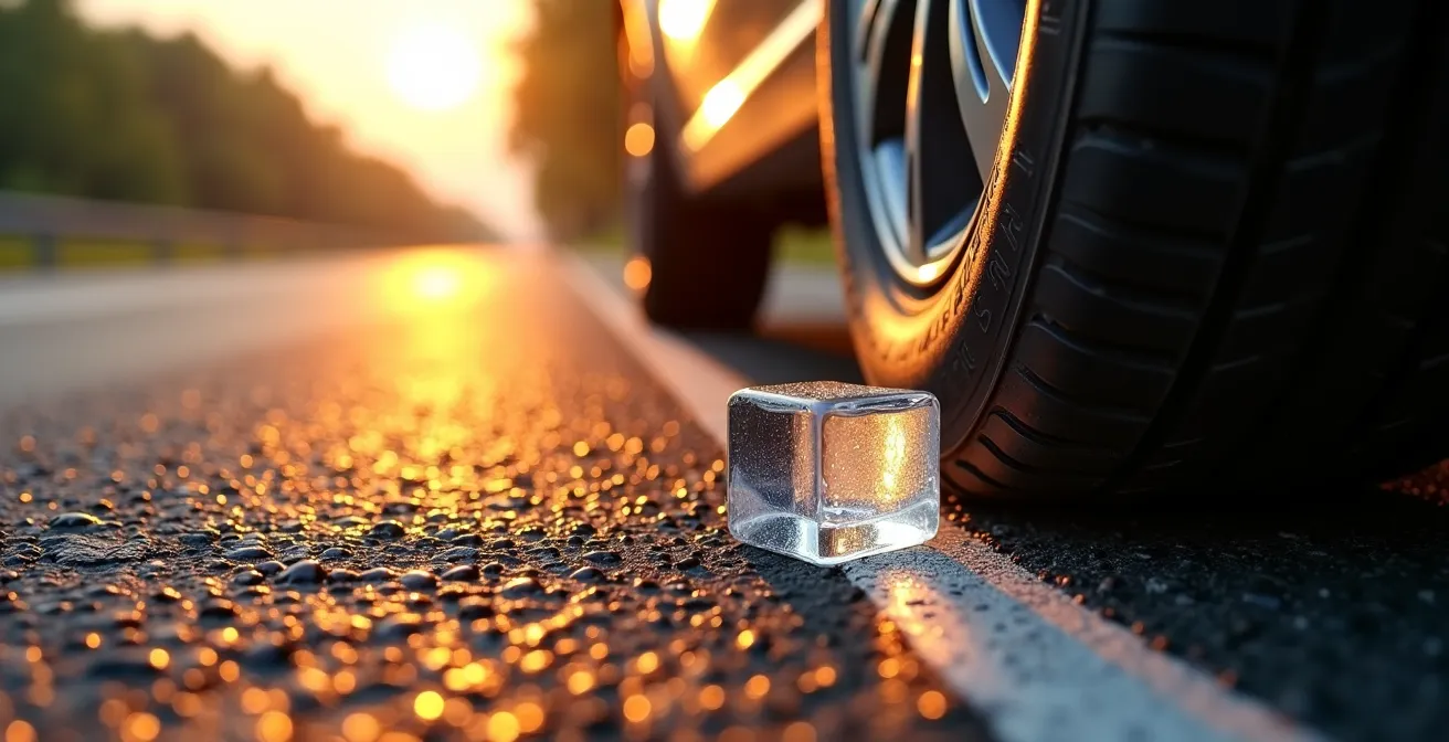 Vue détaillée de l'usure d'un pneu 4 saisons sur asphalte brûlant