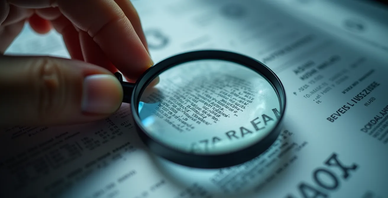 Une loupe examinant des documents, symbolisant le travail de vérification et d'analyse des faits par les journalistes.