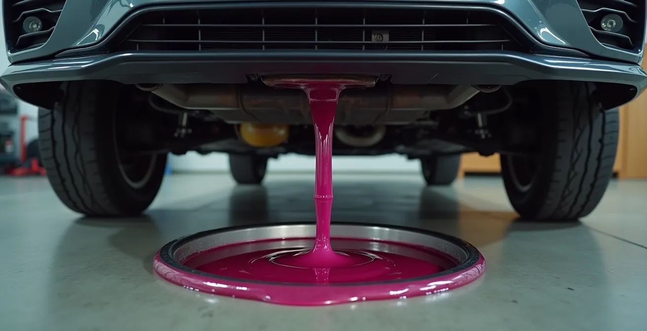 Vue sous une voiture montrant l'écoulement du liquide de refroidissement dans un bac de récupération