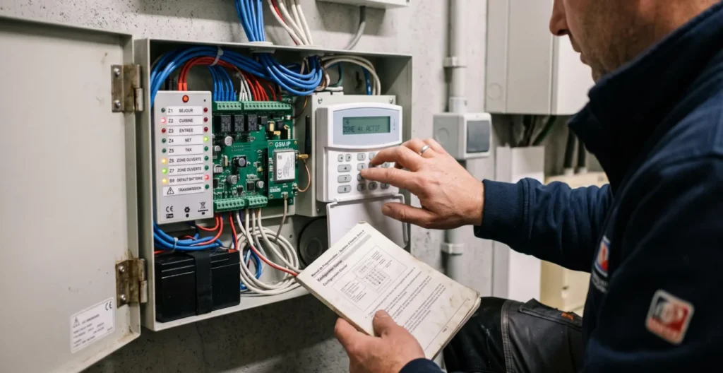 Technicien configurant une centrale d'alarme murale avec modules de transmission et câblage de zones dans un local technique. Technicien configurant une centrale d'alarme murale avec modules de transmission et câblage de zones dans un local technique.