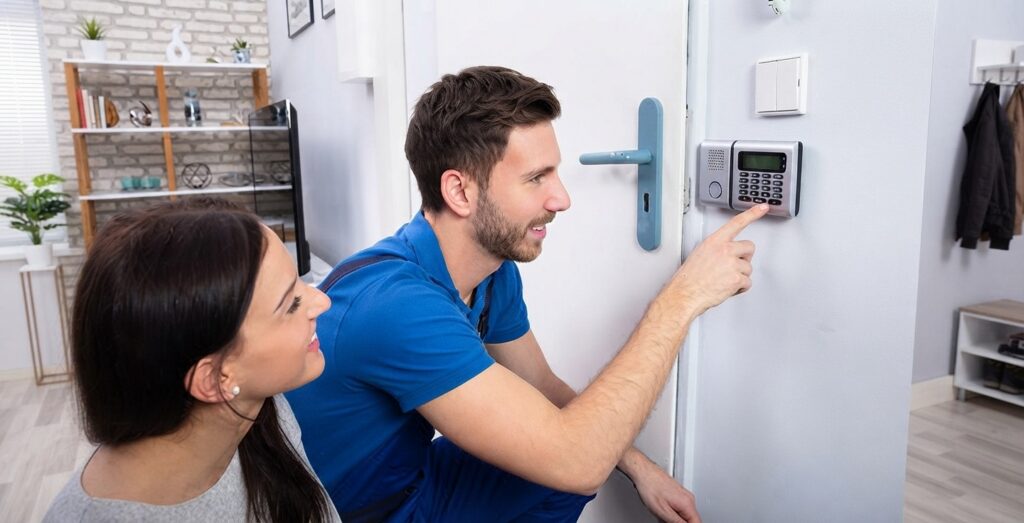 Technicien installant un contact magnétique d'ouverture sur le cadre d'une fenêtre PVC dans un bâtiment commercial. Technicien installant un contact magnétique d'ouverture sur le cadre d'une fenêtre PVC dans un bâtiment commercial.
