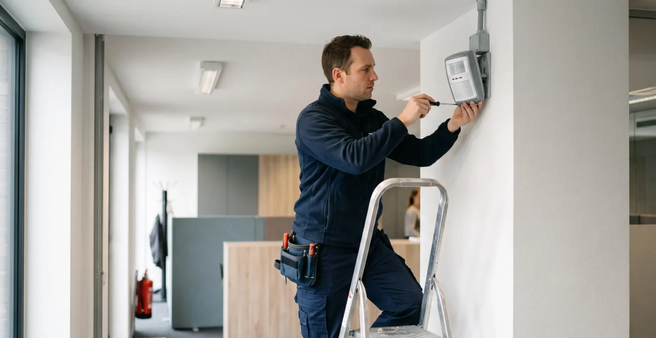Technicien de sécurité installant un détecteur volumétrique à double technologie sur le mur d'un bâtiment commercial belge.